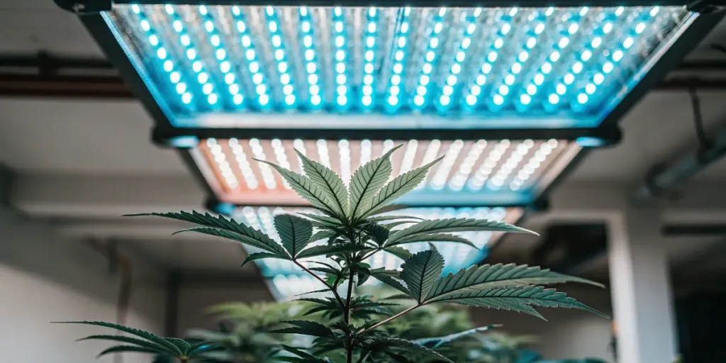cannabis plant growing indoors under bright blue LED grow lights