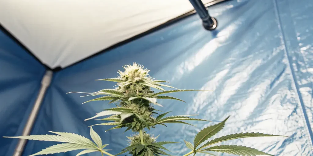 Close-up of a cannabis plant growing inside a blue grow tent under artificial lighting.