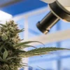 Close-up of cannabis plant under microscope for trichome analysis