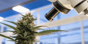 Close-up of cannabis plant under microscope for trichome analysis