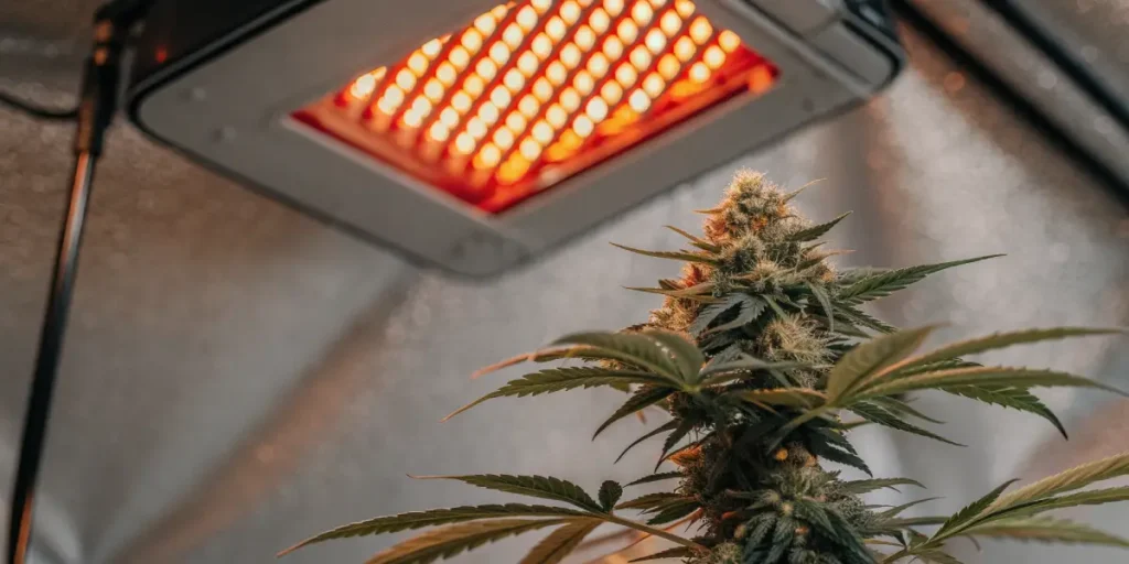 Cannabis plant under red LED grow light in an indoor grow tent.