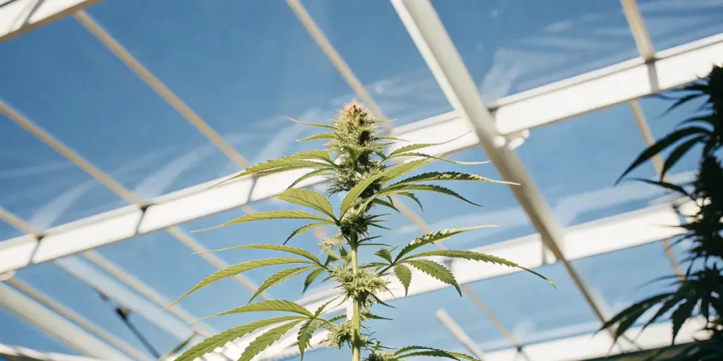 Close-up of a cannabis plant growing tall under natural sunlight in a greenhouse.