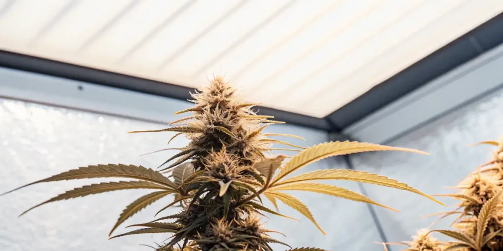 Autoflowering cannabis plant glowing under yellow LED lights in an indoor grow room.