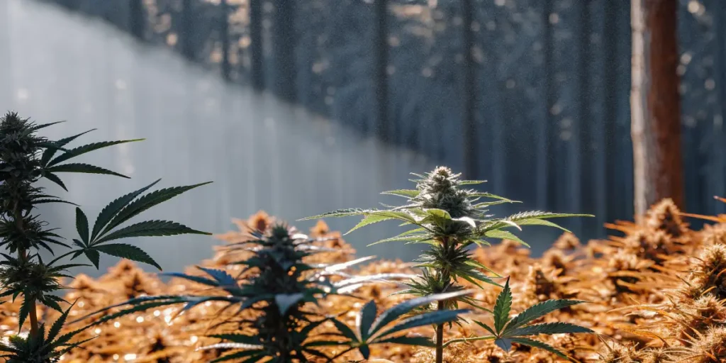 Cannabis plants in a forest setting with morning light filtering through the trees.