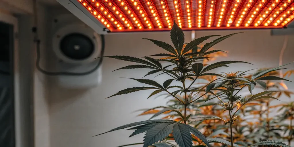 cannabis plants thriving indoors under red LED grow lights