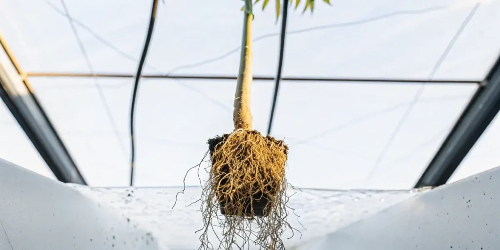 Cannabis plant root ball suspended in a hydroponic greenhouse system.