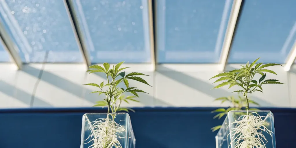 Cannabis plants showing root development in transparent containers under controlled greenhouse light.