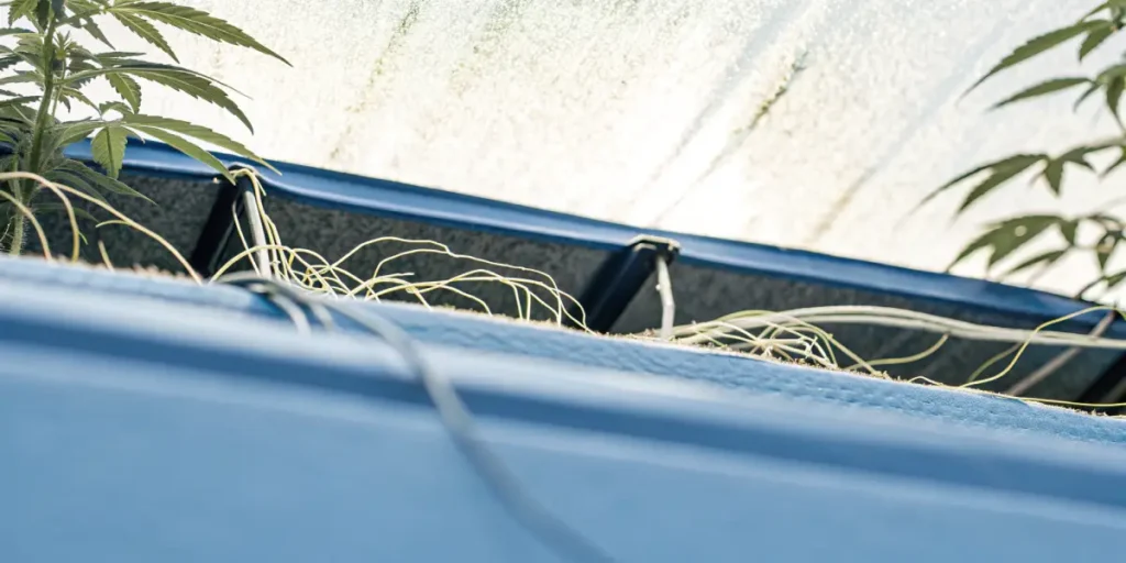 Cannabis root growing through soil layers in a greenhouse environment.
