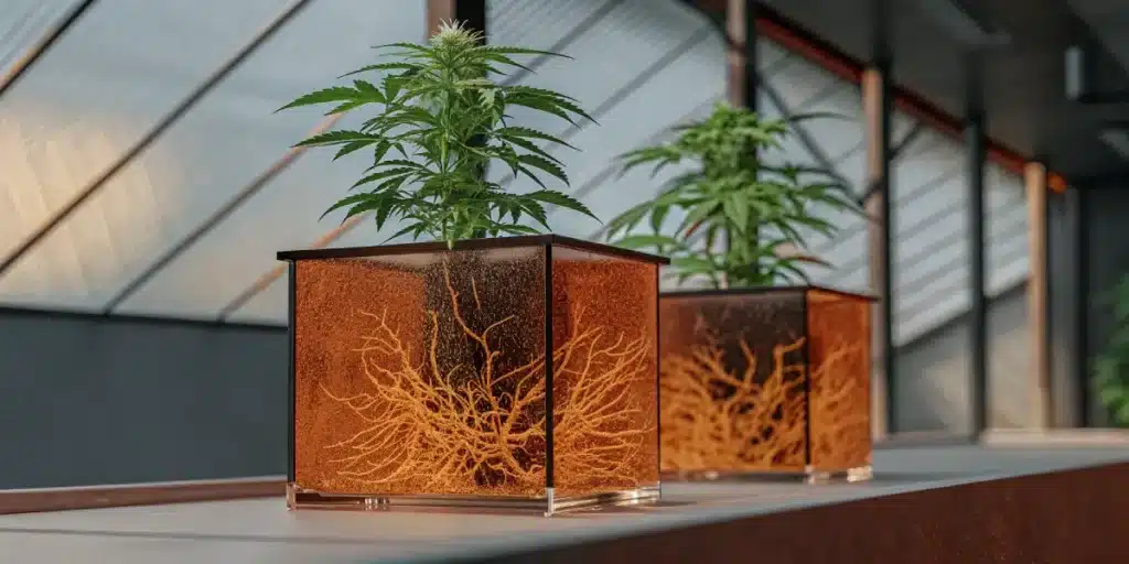 Detailed view of cannabis root structure inside a transparent pot in a modern greenhouse.