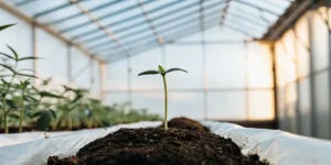 Cannabis seedling growing in rich soil inside a greenhouse.