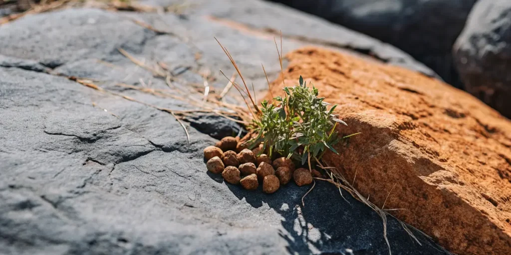 Cannabis seeds and young plant growing on rocky terrain.
