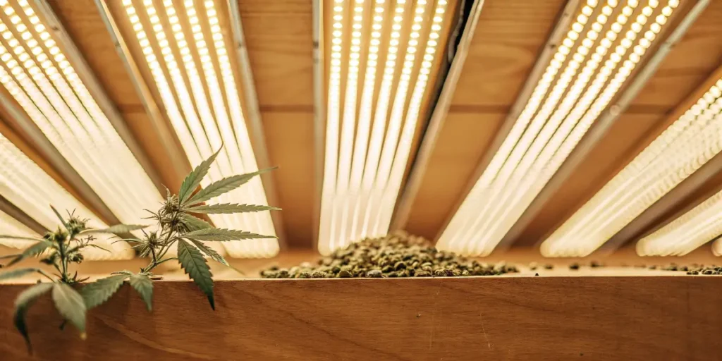 cannabis seeds and plant under LED grow lights in indoor cultivation setup