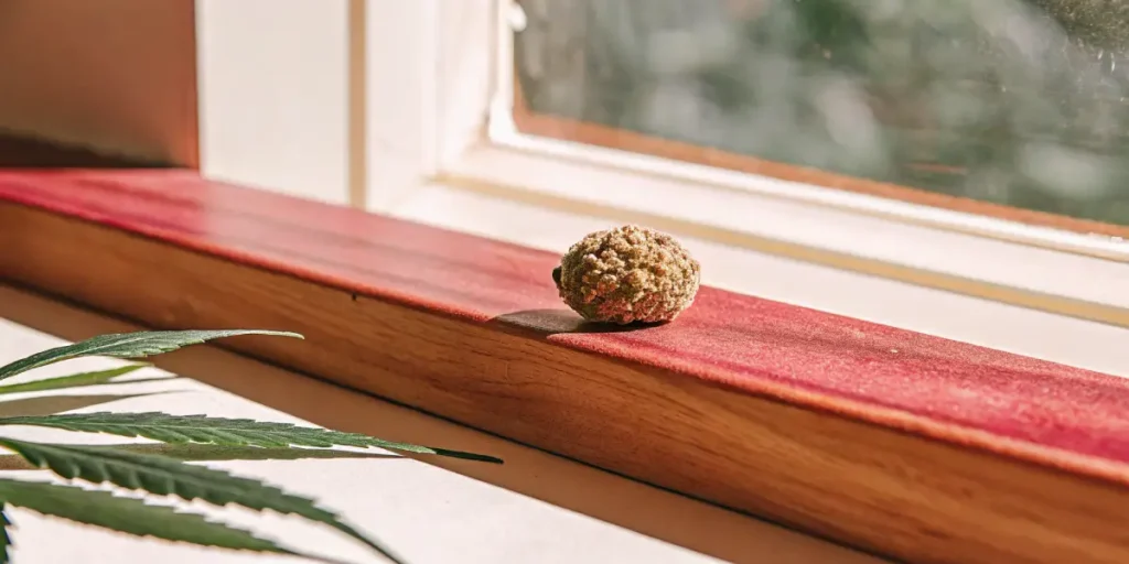 CBD cannabis seed illuminated by sunlight on a window sill.