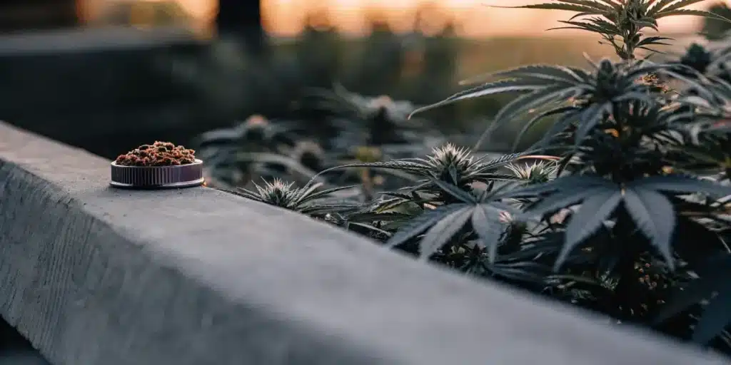CBD-rich cannabis seeds placed beside healthy outdoor plants.