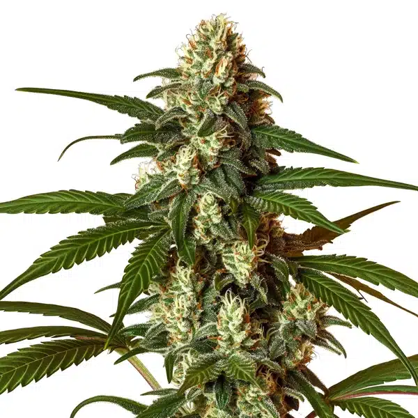 CBG Coke montrant un bourgeon compact vert foncé à trichomes épais et feuilles larges.