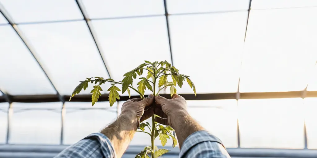 Farmer holding a young cannabis seedling under bright sunlight in a greenhouse.
