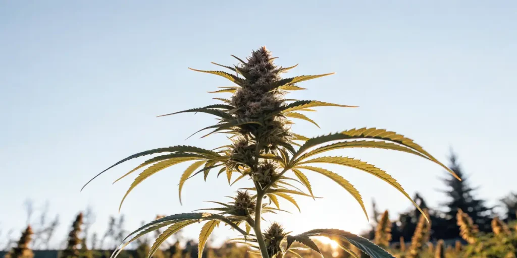 Female cannabis plant with a single prominent bud growing outdoors.