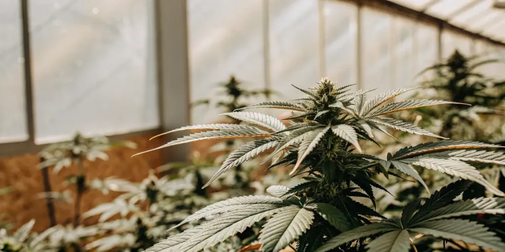 Flowering cannabis plants thriving inside a sunlit greenhouse.