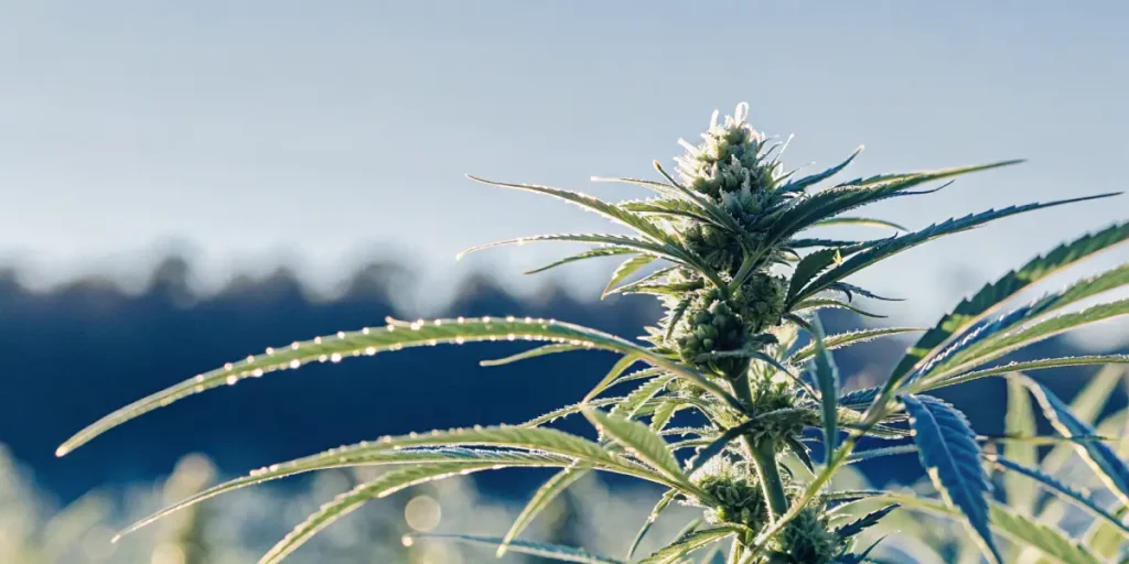 Fresh cannabis plant with morning dew outdoors.