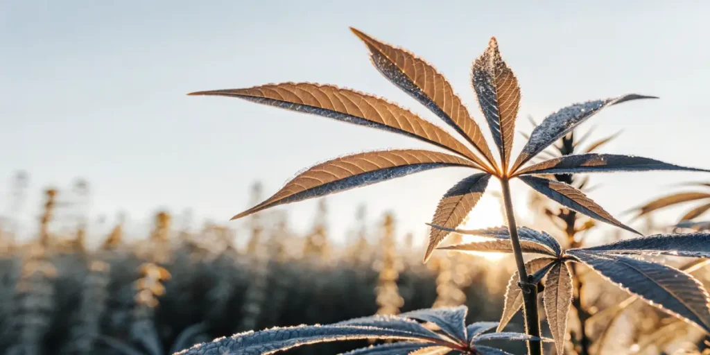 Close-up of a young cannabis seedling with dew drops on its leaves in a garden.