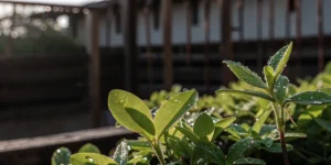 Close-up of a frosty cannabis leaf shining under morning sunlight in an outdoor field.