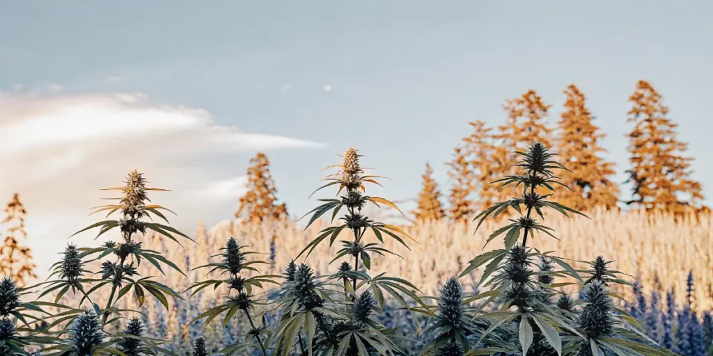 Frosty cannabis plants in a mountain field with tall trees and bright morning light.