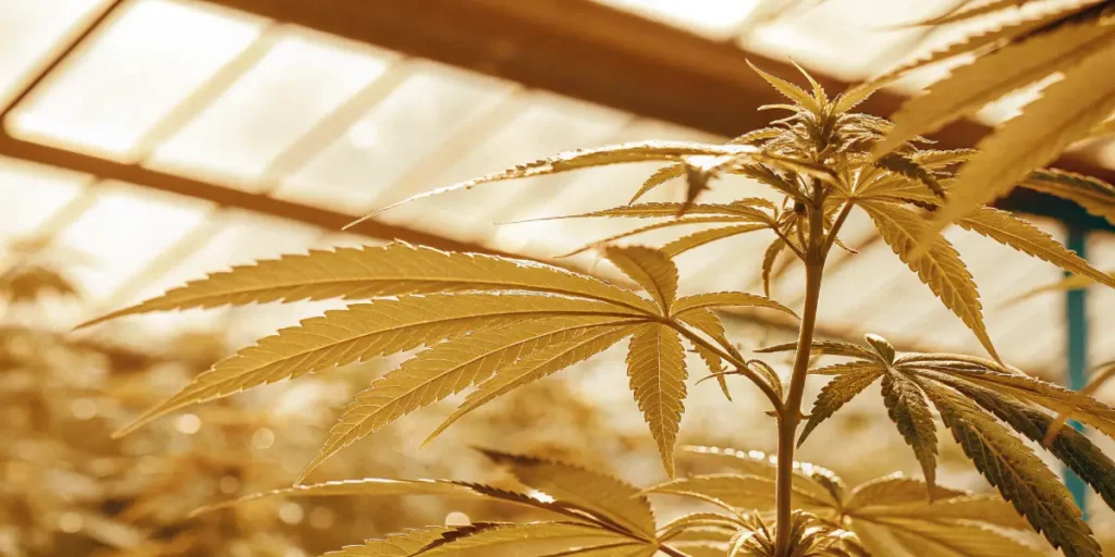 Cannabis plant with golden leaves under greenhouse lighting.
