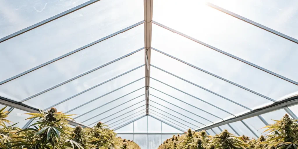 Rows of autoflowering cannabis plants inside a greenhouse under natural sunlight.