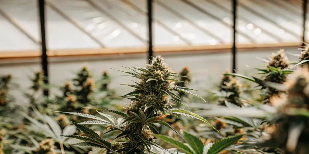 Greenhouse cannabis buds in daylight with dense flowers and vibrant green leaves.