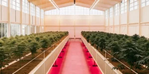 Wide-angle view of a commercial greenhouse filled with rows of cannabis plants under natural light.