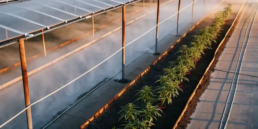 Rows of cannabis plants growing in a greenhouse with morning mist and sunlight.