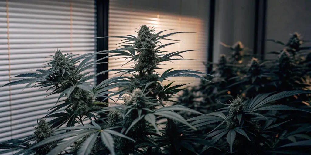 Gros plan d’une plante de cannabis avec des bourgeons résineux sous lumière intérieure