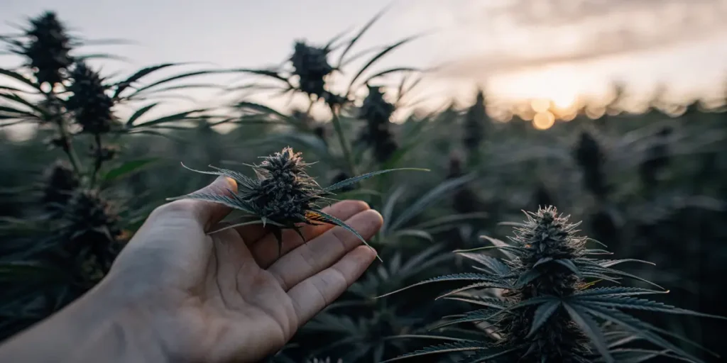 Hand gently holding a cannabis bud in an outdoor field at sunset.