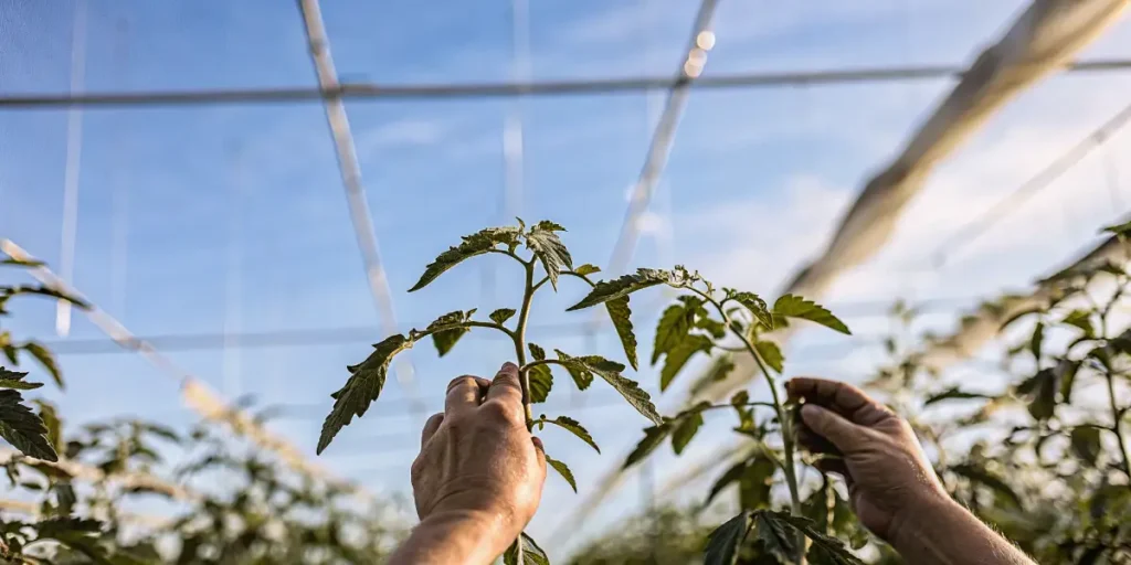 Hands training and inspecting cannabis plants under a greenhouse net.