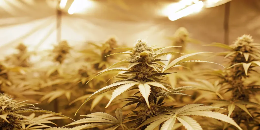 Cannabis bud with dense trichomes under yellow grow lights in indoor setup.