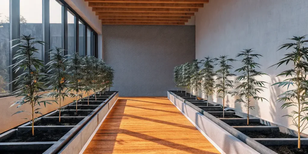 Indoor cannabis cultivation in a minimalist modern grow room.