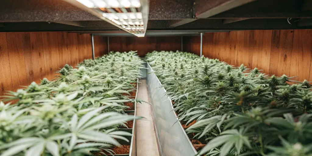 Wide view of indoor cannabis cultivation room with multiple plants under LED grow lights.