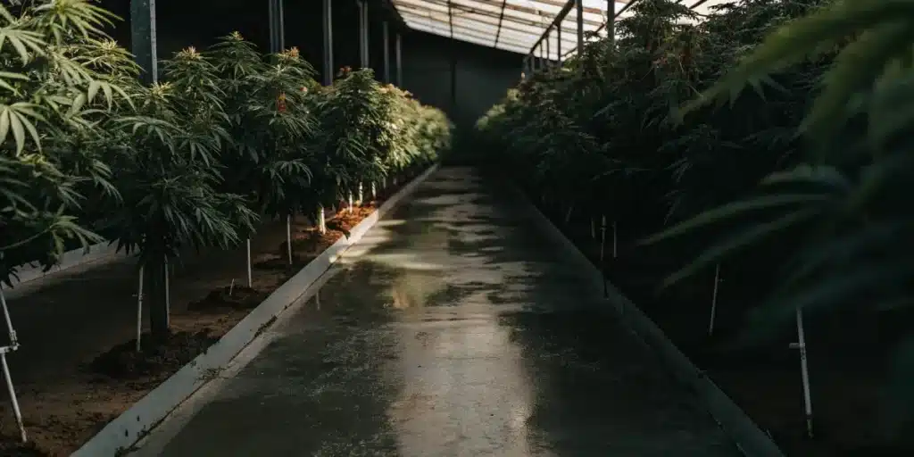 Wide-angle view of an indoor cannabis garden with irrigation system.
