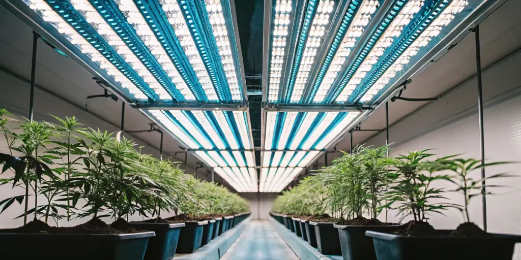 Rows of cannabis plants growing under bright LED lights in an indoor grow room.
