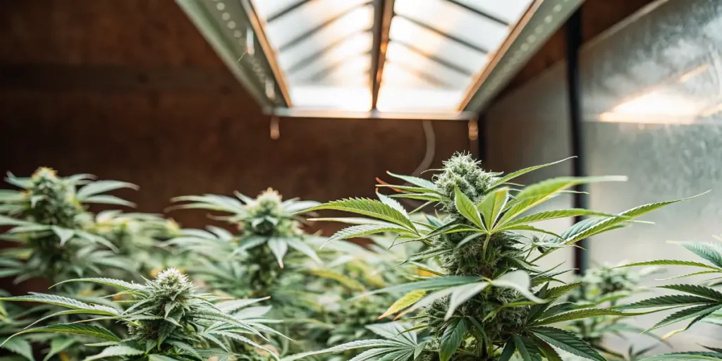 Indoor cannabis plant under artificial grow light in a controlled environment.