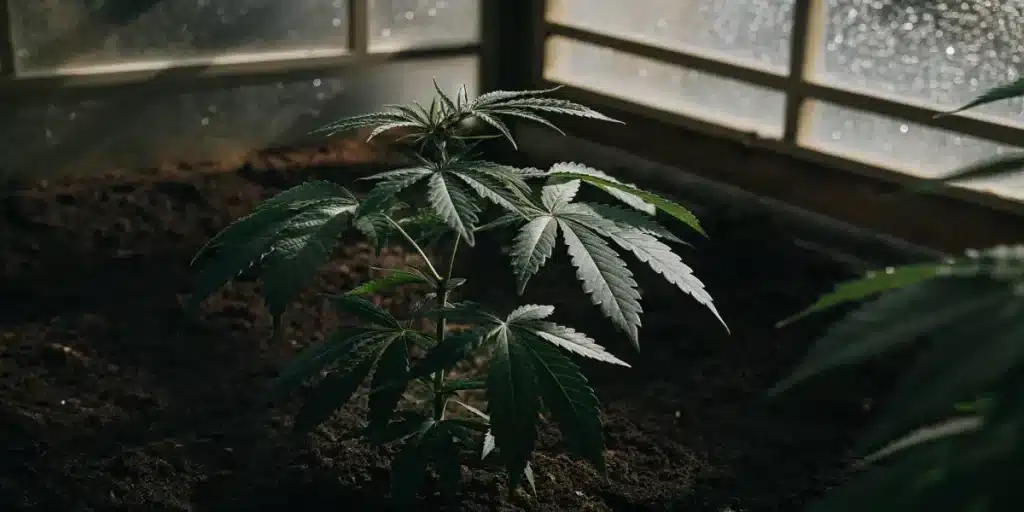 Cannabis plant growing indoors near a greenhouse window with diffused sunlight.