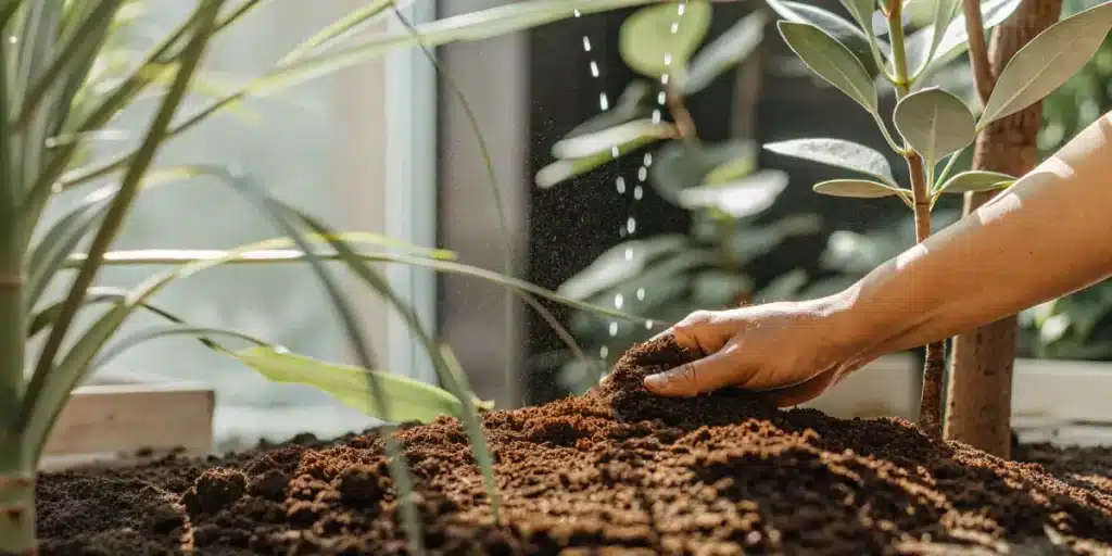 Gardener preparing soil for cannabis plants indoors with sunlight.