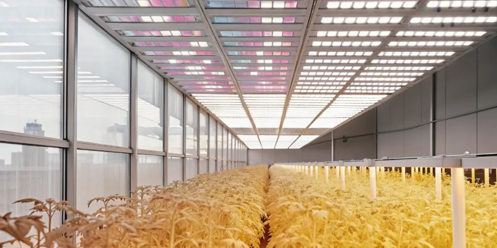 vibrant indoor greenhouse with rows of plants under LED ceiling lights