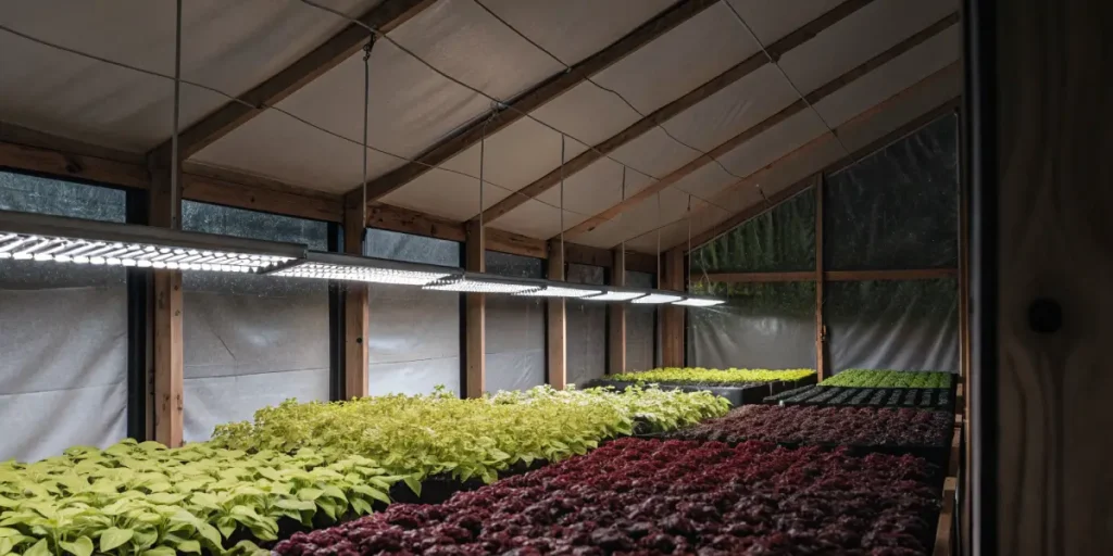 Indoor greenhouse with LED grow lights and healthy plants.