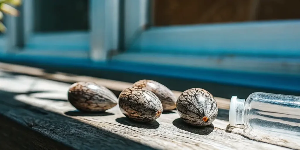 Large striped cannabis seeds on a wooden surface with sunlight.