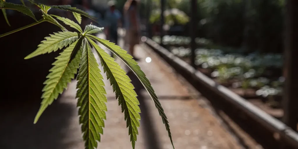 Macro close-up of a single marijuana leaf with visible texture and trichomes.