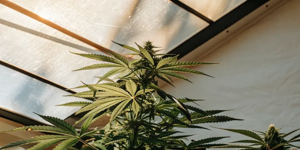 Overhead view of a marijuana plant growing under bright sunlight.