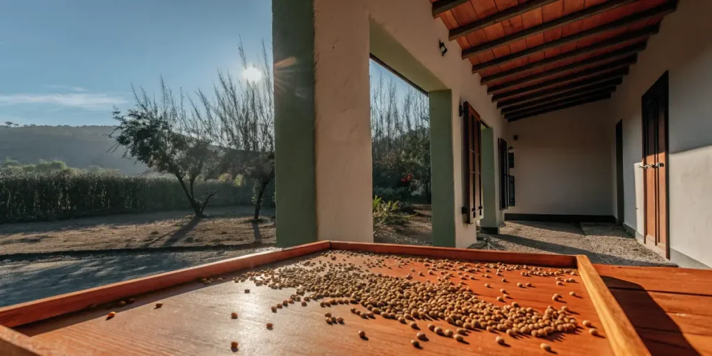 Cannabis seeds drying on a wooden tray outside a Mediterranean farmhouse.