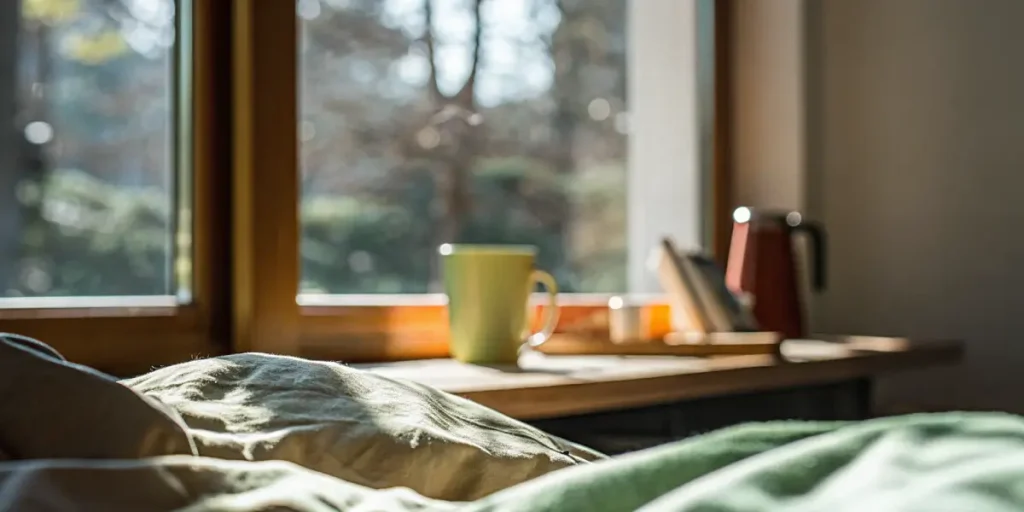 Soft natural sunlight streaming through window onto morning cup.