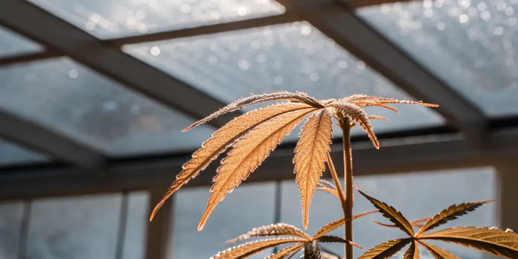 Orange cannabis leaf under warm sunlight inside a greenhouse.